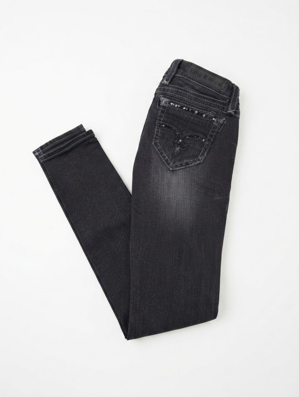 Rock Revival Emery Skinny Jeans Women's Size 26 Black Wash Rhinestone Fleur De L